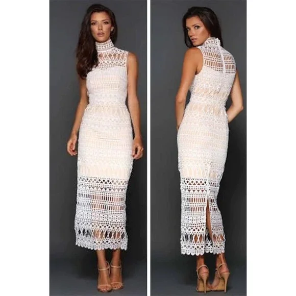Elle Zeitoune Jaylyn White Crochet Sleeveless Mock Neck Midi Dress